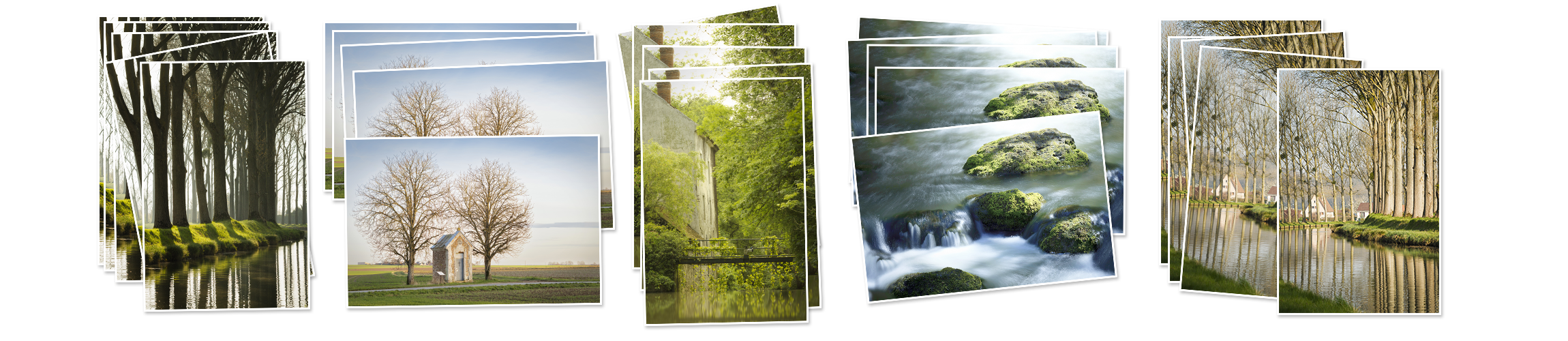 Visuel présentant les cinq premières cartes postales photographiques de la collection Empreintes de lieux, consacrée aux paysages et au patrimoine de Seine-et-Marne.